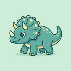 Fototapeta premium A cute cartoon triceratops stands on a green background