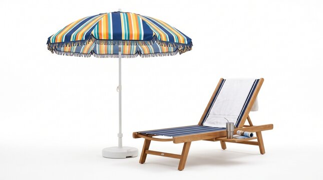 Wooden beach lounge chair and striped patio umbrella isolated with umbrella vacation furniture relaxation sunbathing equipment accessory backyard