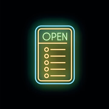 Illuminated menu board with green open text and list of choices on dark background