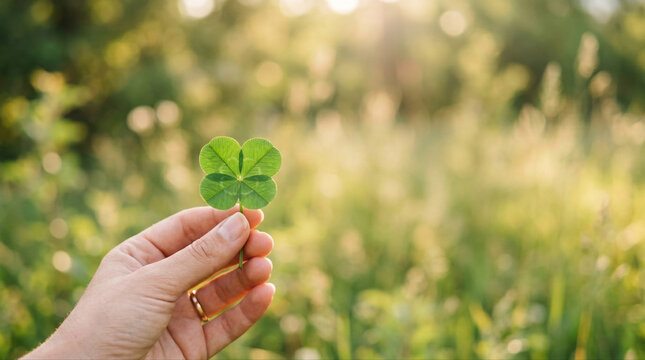 Close up of a hand holding a four leaf clover against a lush green background symbolizing good luck and prosperity