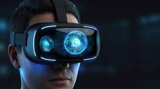 VR Headset Reflection Showing Microscopic Cell for Biology Education