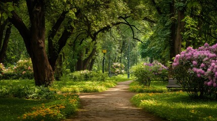 Fototapeta premium Serene Pathway Through Vibrant Garden with Lush Greenery and Colorful Blooms in a Peaceful Natural Setting