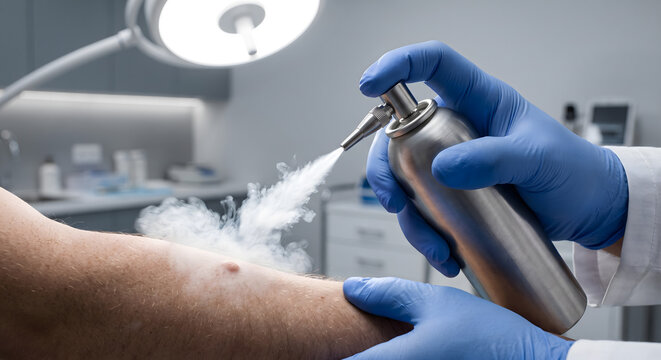 Medical professional performing cryotherapy treatment on patient arm skin using specialized cold nitrogen spray canister.