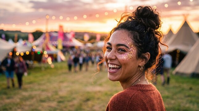 Smiling woman with glitter on face at outdoor music festival. Happy girl enjoying sunset concert event.