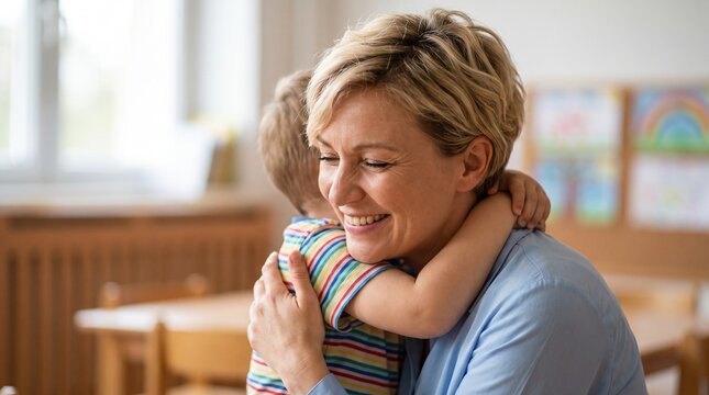 Kindergarten teacher hugging little boy. Happy woman educator comforting child in classroom. Emotional support and care in preschool education