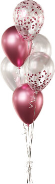 Realistic balloon bouquet with transparent, rose gold heart-shaped confetti, and rose gold balloons isolated on a transparent background. Romantic decoration for Valentine's Day and weddings.
