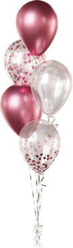Realistic balloon bouquet with transparent, rose gold heart-shaped confetti, and rose gold balloons isolated on a transparent background. Romantic decoration for Valentine's Day and weddings.