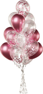 Realistic balloon bouquet with transparent, rose gold heart-shaped confetti, and rose gold balloons isolated on a transparent background. Romantic decoration for Valentine's Day and weddings.