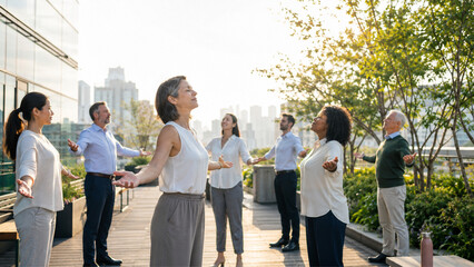 Fototapeta premium Corporate Wellness Group Practicing Outdoor Mindfulness and Longevity Exercises