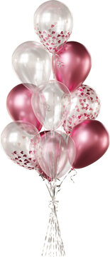 Realistic balloon bouquet with transparent, rose gold heart-shaped confetti, and rose gold balloons isolated on a transparent background. Romantic decoration for Valentine's Day and weddings.