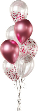 Realistic balloon bouquet with transparent, rose gold heart-shaped confetti, and rose gold balloons isolated on a transparent background. Romantic decoration for Valentine's Day and weddings.
