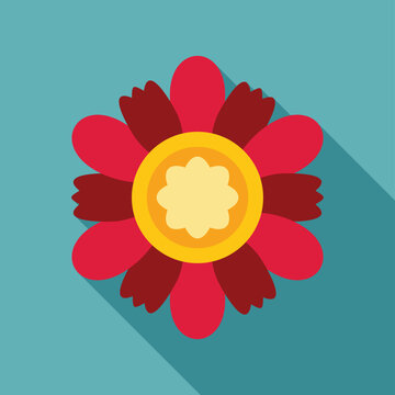 Red and yellow flower icon with a long shadow on a blue background