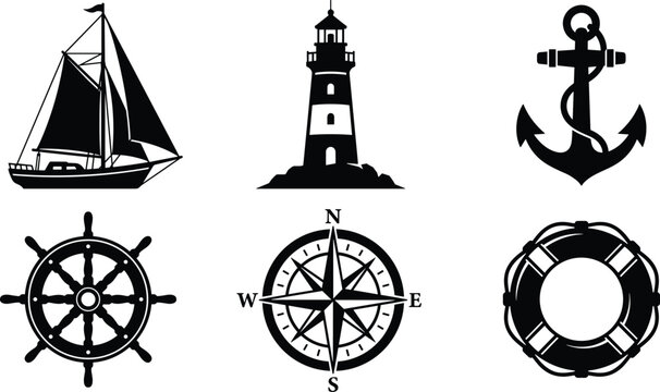 Nautical Silhouette Vector Collection Featuring Sailboat, Lighthouse, Anchor, and Maritime Symbols
