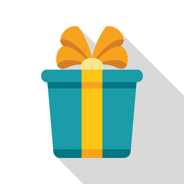 Teal present box icon with yellow ribbon and bow experiencing a long shadow
