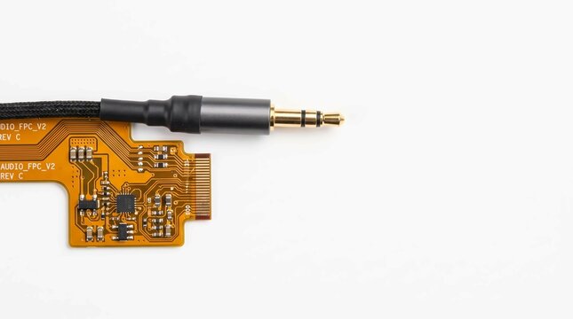 Gold plated audio jack connector attached to a flexible electronic circuit board on white background