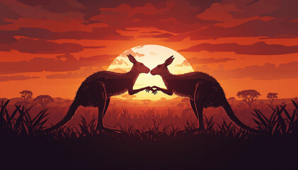 two kangaroos fighting at sunset © Pemuda