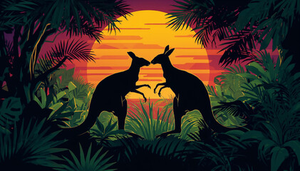 two kangaroos fighting at sunset © Pemuda