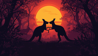 two kangaroos fighting at sunset © Pemuda