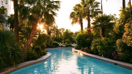 Fototapeta premium A serene tropical resort pool surrounded by lush palm trees and vibrant greenery under warm golden sunlight