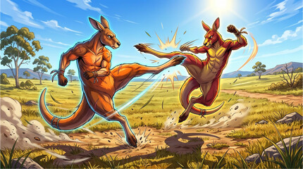 two kangaroos fighting at sunset illustration © Pemuda