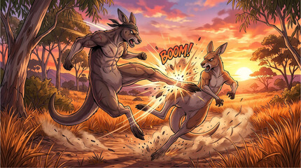 two kangaroos fighting at sunset illustration © Pemuda