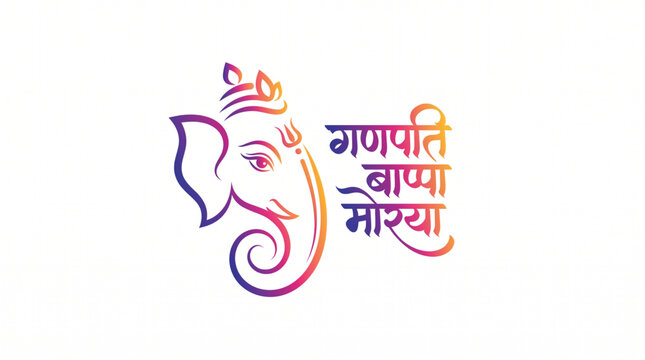 Minimal Lord Ganesha Line Art with Ganpati Bappa Morya Marathi Typography on White Background