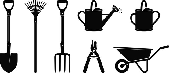 Gardening tools black silhouettes set featuring shovel rake pitchfork watering can pruner and wheelbarrow © MstMostarina