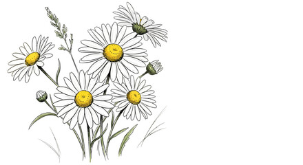 Fototapeta premium Botanical illustration of blooming white daisy flowers with yellow centers and green stems isolated on a white background