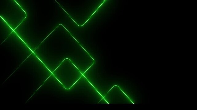 A vibrant abstract background featuring dynamic neon line patterns in shades of green . Neon green laser lines animation with black background. 4k video
