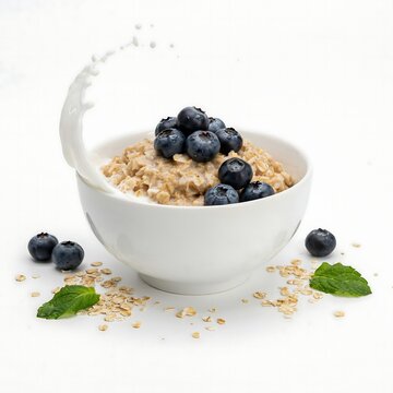 Delicious oatmeal breakfast with blueberries and milk in white bowl on table