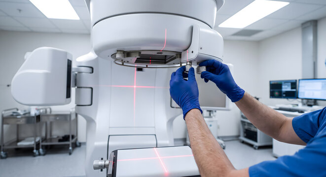 Radiology technician adjusting settings on linear accelerator radiation machine in oncology department of modern hospital.