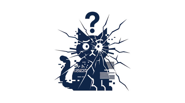 Confused Cat Glitch Art with Question Mark, Digital Distress