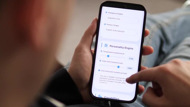 Configuring a Chatbot Commander on a smartphone. The user selects Cognitive Core as the intelligence engine and sets the token limit. Perfect for AI development, LLM tools, and chatbot management