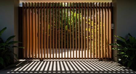 Obraz premium Modern Vertical Wood Slat Gate Entrance With Lush Greenery And Shadows
