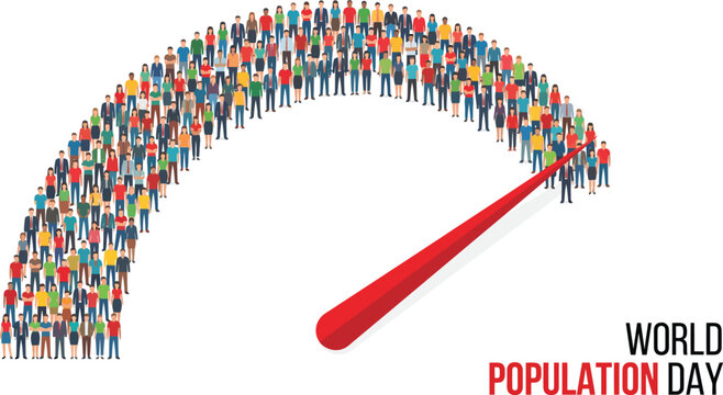 World Population Day concept vector featuring a large crowd of people forming a speedometer or gauge scale.