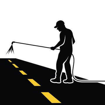 Asphalt Seal Coating and Striping emblem logo. Worker spraying slurry tar on street vector illustration.