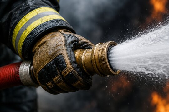 Firefighter man holding fire hose nozzle and spraying water at flame. Professional emergency rescue operation to extinguish fire. Dangerous job, bravery and heroism concept.