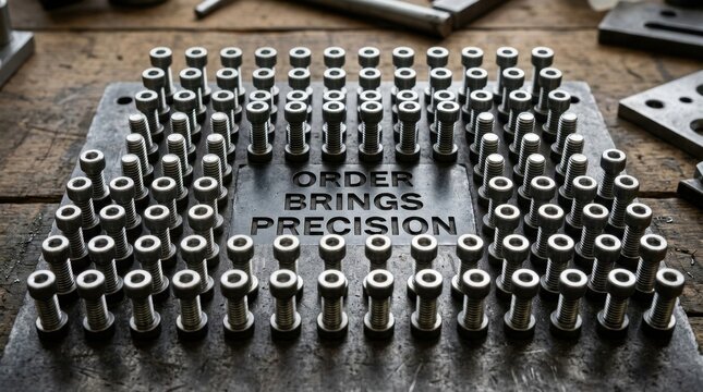 Macro photograph of a metal plate with the engraved phrase ORDER BRINGS PRECISION surrounded by a grid of upright steel socket head bolts on a rustic wooden workbench.