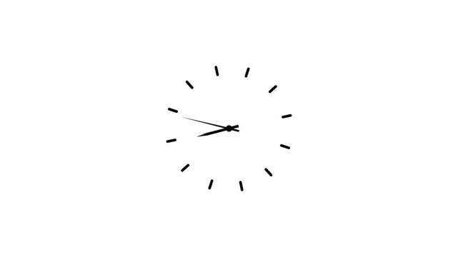 Clock spinning, watch animation on white background with alpha channel. Clock icon flat style. 12 hours clock dial , twenty-four hours time lapse animation. Analog clock spinning animation.