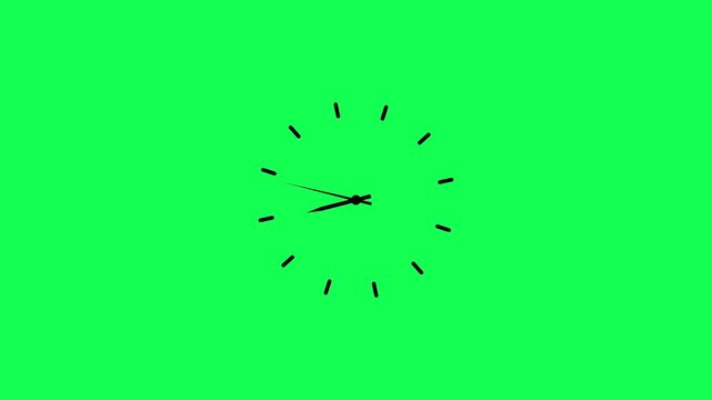 Clock spinning, watch animation on green background with alpha channel. Clock icon flat style. 12 hours clock dial , twenty-four hours time lapse animation. Analog clock spinning animation.