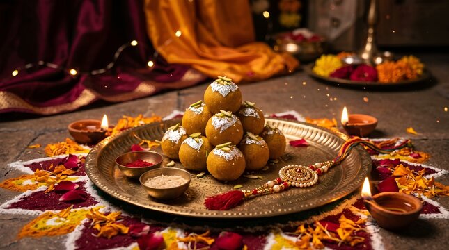Colorful raksha bandhan celebration with traditional sweets and decorative items for festival of love
