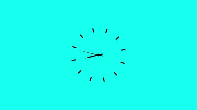 Clock spinning, watch animation on light cyan background with alpha channel. Clock icon flat style. 12 hours clock dial , twenty-four hours time lapse animation. Analog clock spinning animation.