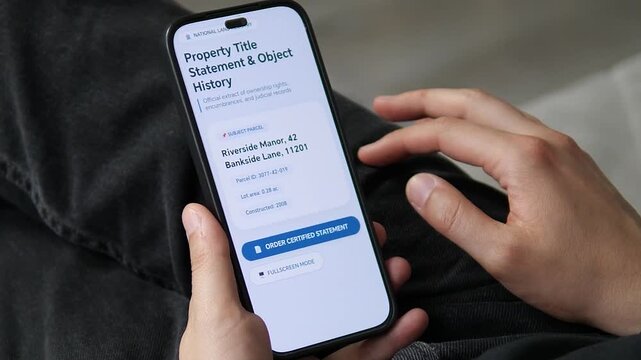 Legal land registry interface on a smartphone. Official extract of ownership rights and property history for Riverside Manor. Ideal for legal-tech platforms, title search software, and real estate att