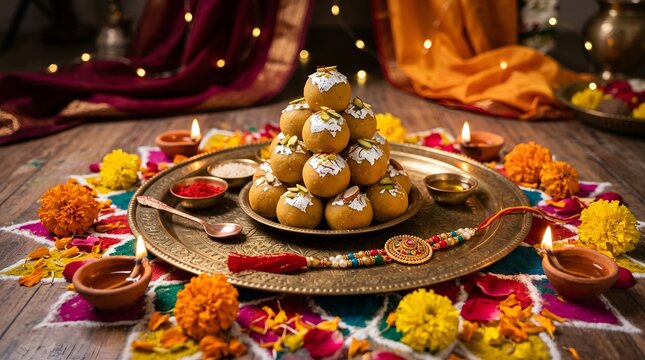 Colorful raksha bandhan celebration with traditional sweets and decorative items for festival of love