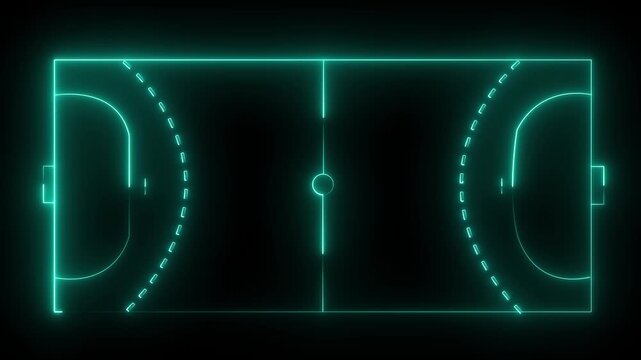Handball court icon animation on black background. futuristic digital icon video of a high-tech Handball court. neon line animation. 4k
