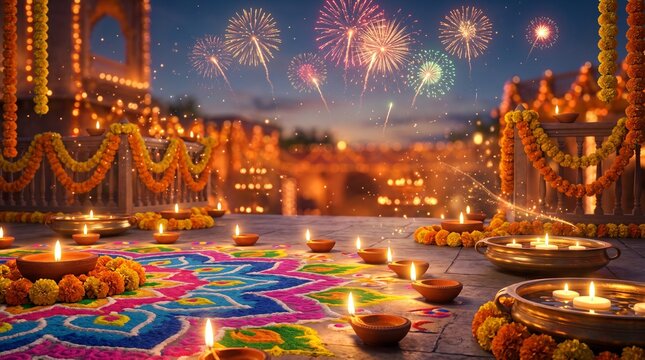 Vibrant Diwali Celebration with Fireworks and Rangoli