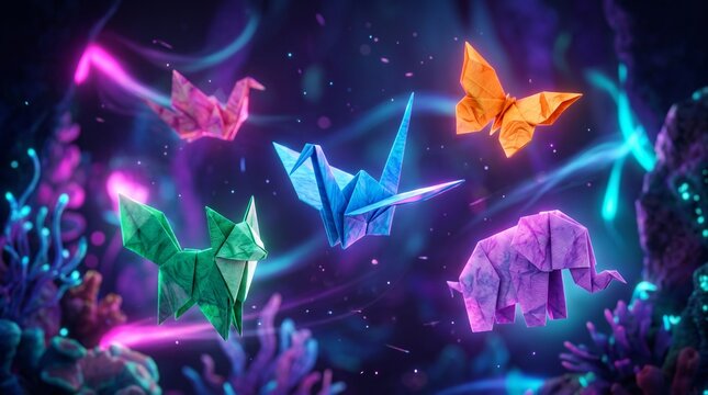 Origami animals fly in neon lit night scene