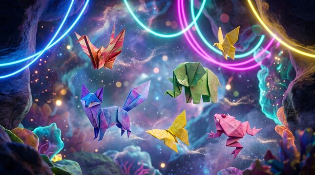 Colorful Origami Birds Flying in Neon Lit Night Sky