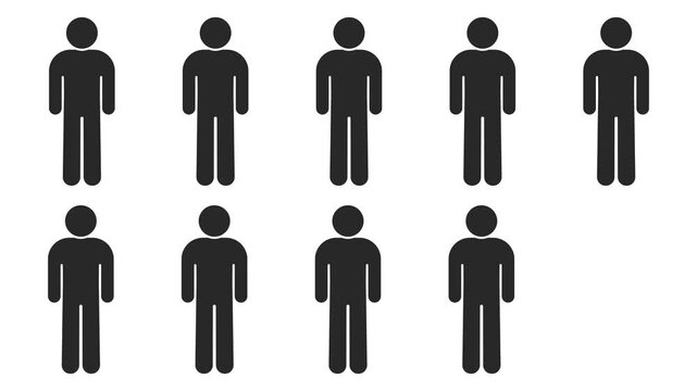 stickman people appearing one by one on white background, sequential human figure animation, minimal flat infographic style, simple motion graphics