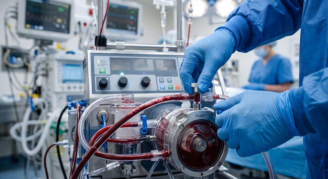 Surgeon operating extracorporeal membrane oxygenation system in hospital theater focus on blood pump control unit equipment.